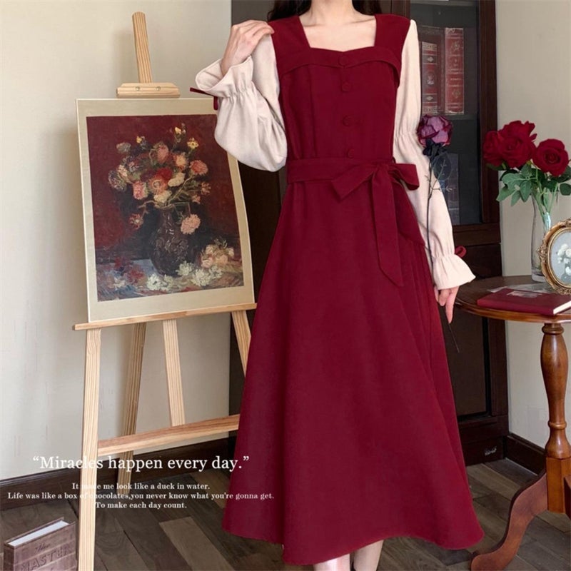 【Corduroy fabric】 French square collar long sleeve womens clothing 2023 autumn new waist retro bubble sleeve dress Dark brown - Image 5