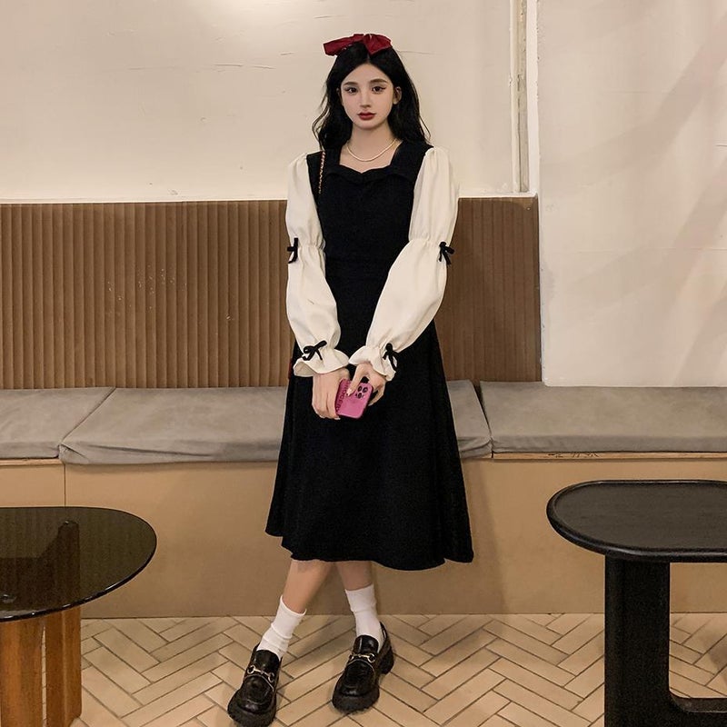 【Corduroy fabric】 French square collar long sleeve womens clothing 2023 autumn new waist retro bubble sleeve dress Dark brown - Image 4