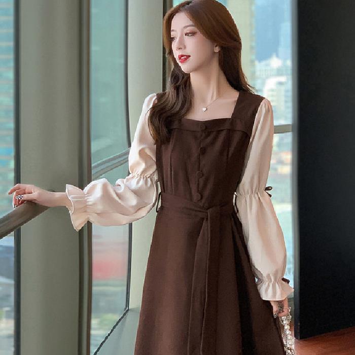 【Corduroy fabric】 French square collar long sleeve womens clothing 2023 autumn new waist retro bubble sleeve dress Dark brown - Image 2