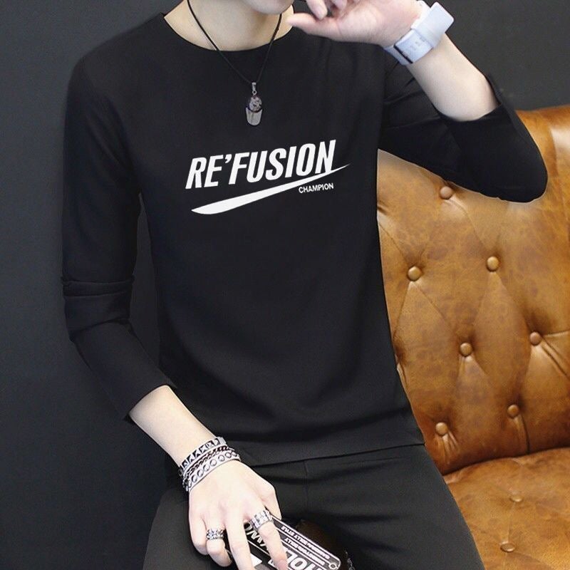 Long-Sleeved T-Shirt Men'S New Couple Printed Top Casual Solid Color Trendy Brand Korean Slim-Fit Inner Base Shirt - Image 1