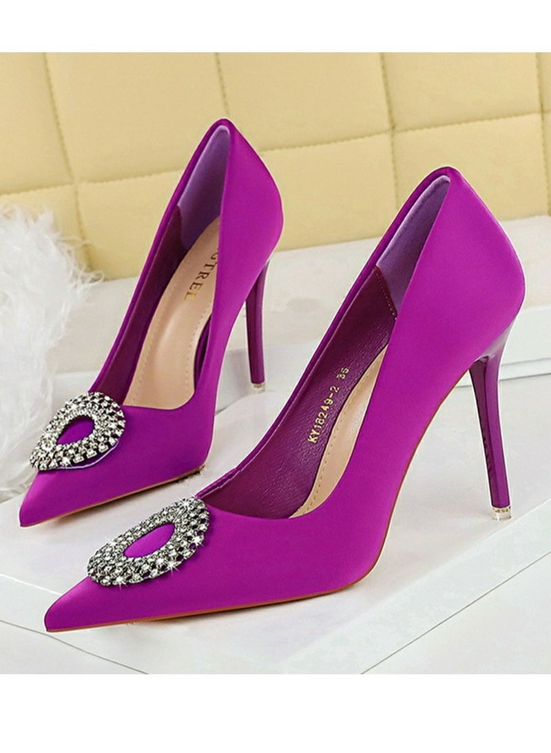 بيج تري المرأة مغلقة أشارت إصبع القدم مضخة الراينست جولة مشبك ديكور الكعب العالي الأرجواني 10.5CM