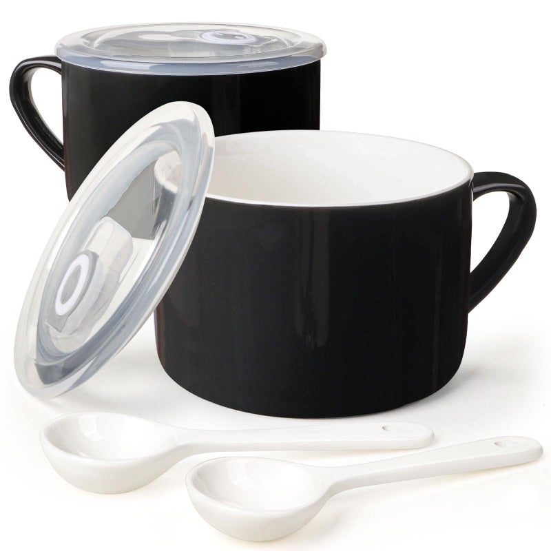Wareland Soup Bowls with Handles & Spoons, 30oz Ceramic Ramen Bowl with Lid, Large Soup Mugs/Cups for Instant Noodle, Big Cereal Bowls for Oatmeal, Soup Containers with Lids, Set of 2, Black - Image 1