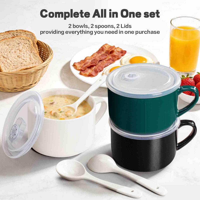 Wareland Soup Bowls with Handles & Spoons, 30oz Ceramic Ramen Bowl with Lid, Large Soup Mugs/Cups for Instant Noodle, Big Cereal Bowls for Oatmeal, Soup Containers with Lids, Set of 2, Black - Image 3