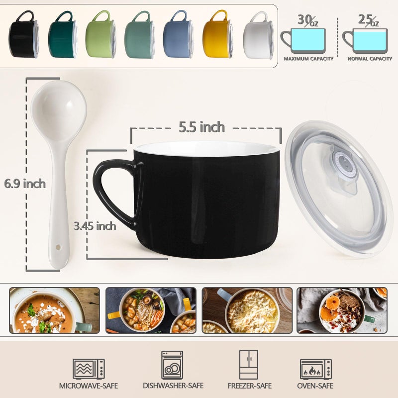 Wareland Soup Bowls with Handles & Spoons, 30oz Ceramic Ramen Bowl with Lid, Large Soup Mugs/Cups for Instant Noodle, Big Cereal Bowls for Oatmeal, Soup Containers with Lids, Set of 2, Black - Image 2