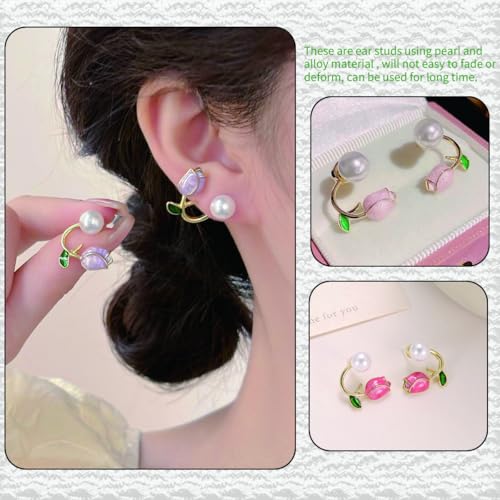 Zytiqt 3 Pairs Korean Earrings for Girls Stylish, Tulip Pearl Stud Earrings, Set in Pink, Rose, Purple, Elegant Jewelry for Women, Fashion Accessories, Suitable for Party, Wedding - Image 5