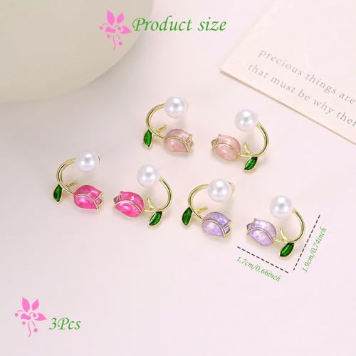 Zytiqt 3 Pairs Korean Earrings for Girls Stylish, Tulip Pearl Stud Earrings, Set in Pink, Rose, Purple, Elegant Jewelry for Women, Fashion Accessories, Suitable for Party, Wedding - Image 2