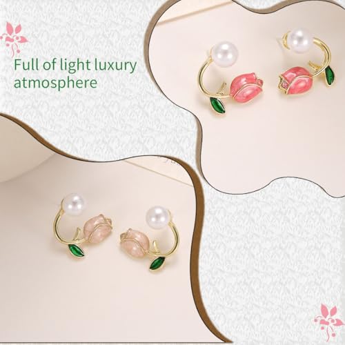 Zytiqt 3 Pairs Korean Earrings for Girls Stylish, Tulip Pearl Stud Earrings, Set in Pink, Rose, Purple, Elegant Jewelry for Women, Fashion Accessories, Suitable for Party, Wedding - Image 4