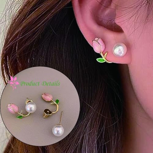 Zytiqt 3 Pairs Korean Earrings for Girls Stylish, Tulip Pearl Stud Earrings, Set in Pink, Rose, Purple, Elegant Jewelry for Women, Fashion Accessories, Suitable for Party, Wedding - Image 3