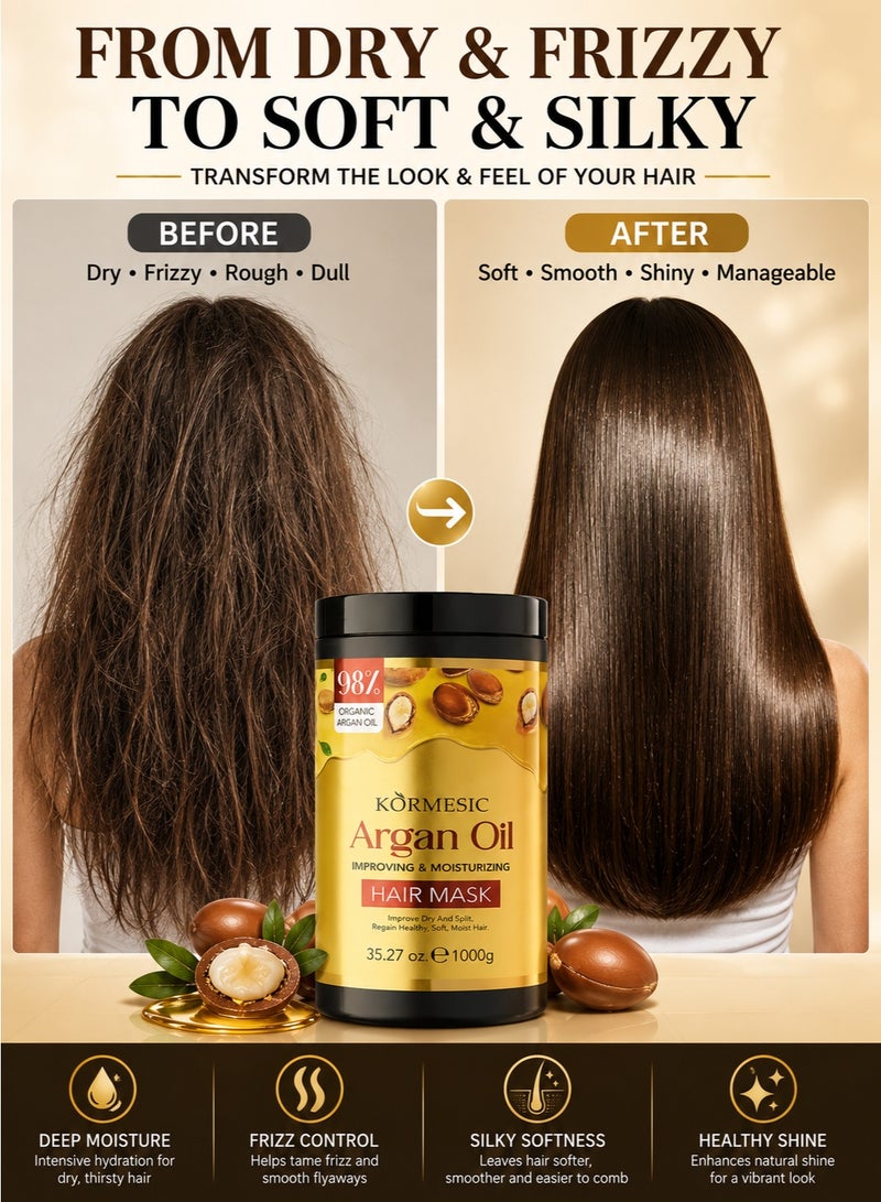 KORMESIC Argan Oil Hair Mask 1000g, Deep Hydration & Repair Treatment for Dry, Frizzy & Damaged Hair, Smooths, Softens & Adds Shine, Salon Size for All Hair Types - Image 2