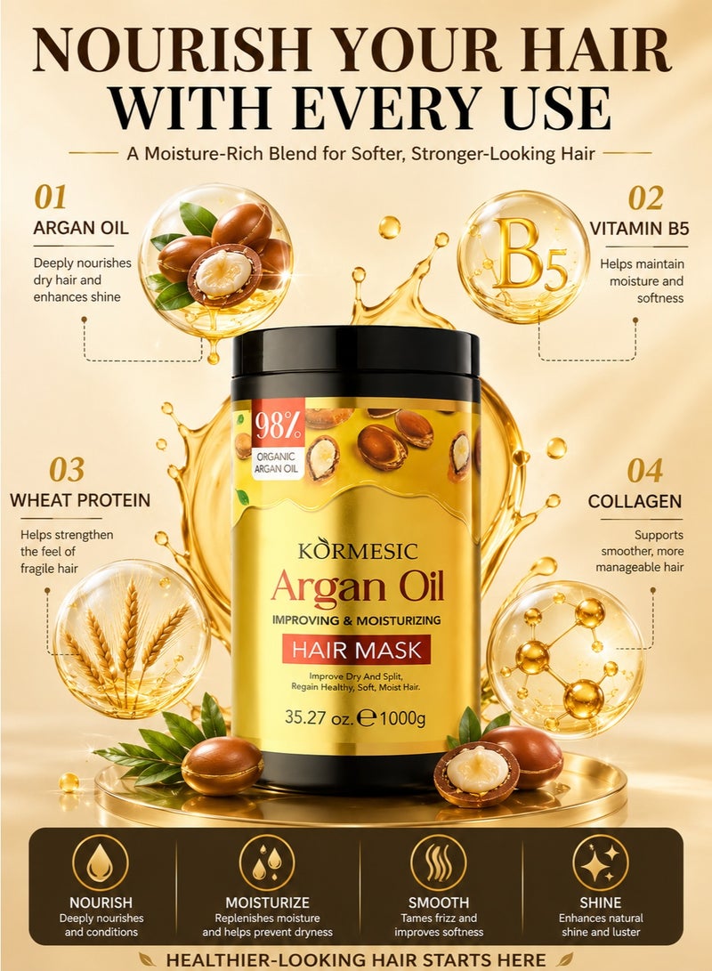 KORMESIC Argan Oil Hair Mask 1000g, Deep Hydration & Repair Treatment for Dry, Frizzy & Damaged Hair, Smooths, Softens & Adds Shine, Salon Size for All Hair Types - Image 3
