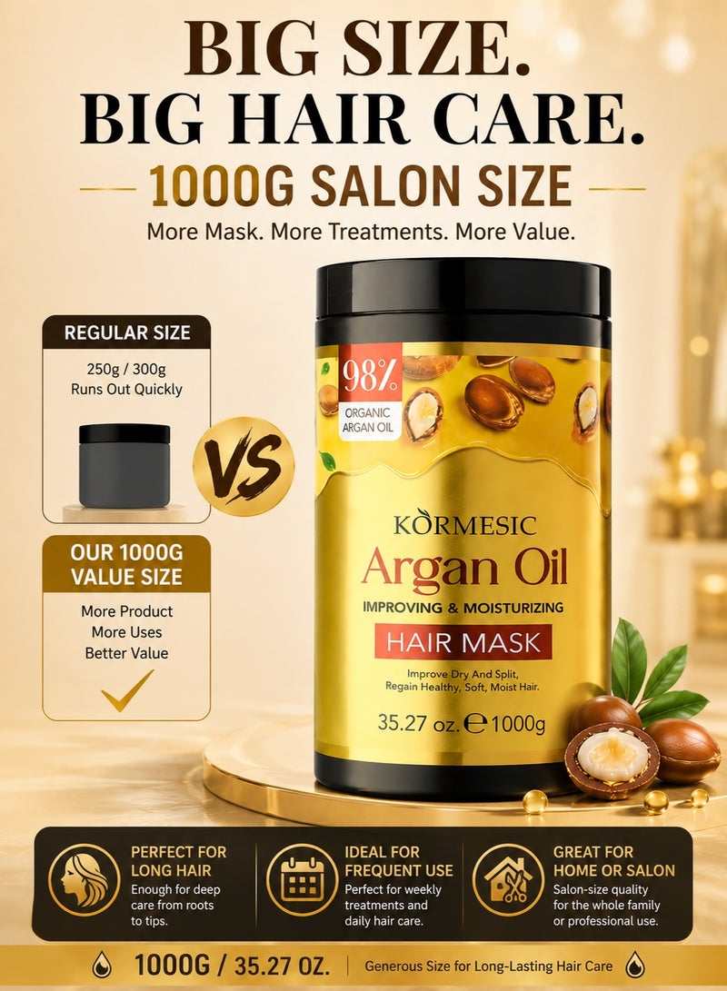 KORMESIC Argan Oil Hair Mask 1000g, Deep Hydration & Repair Treatment for Dry, Frizzy & Damaged Hair, Smooths, Softens & Adds Shine, Salon Size for All Hair Types - Image 4
