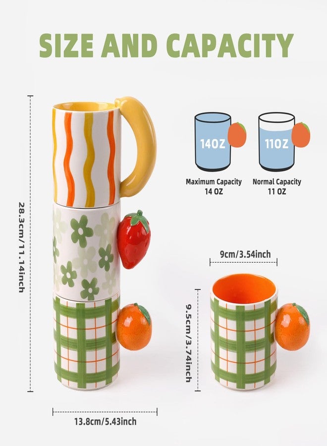 DIF DECO Ceramic Coffee Mugs Set of 3, Stackable Funny Tea Cup with Unique Fruit Shape Aesthetic Mug with Handle for Latte/Cappuccino/Cocoa - Microwave and Dishwasher Safe (14oz) - Image 2