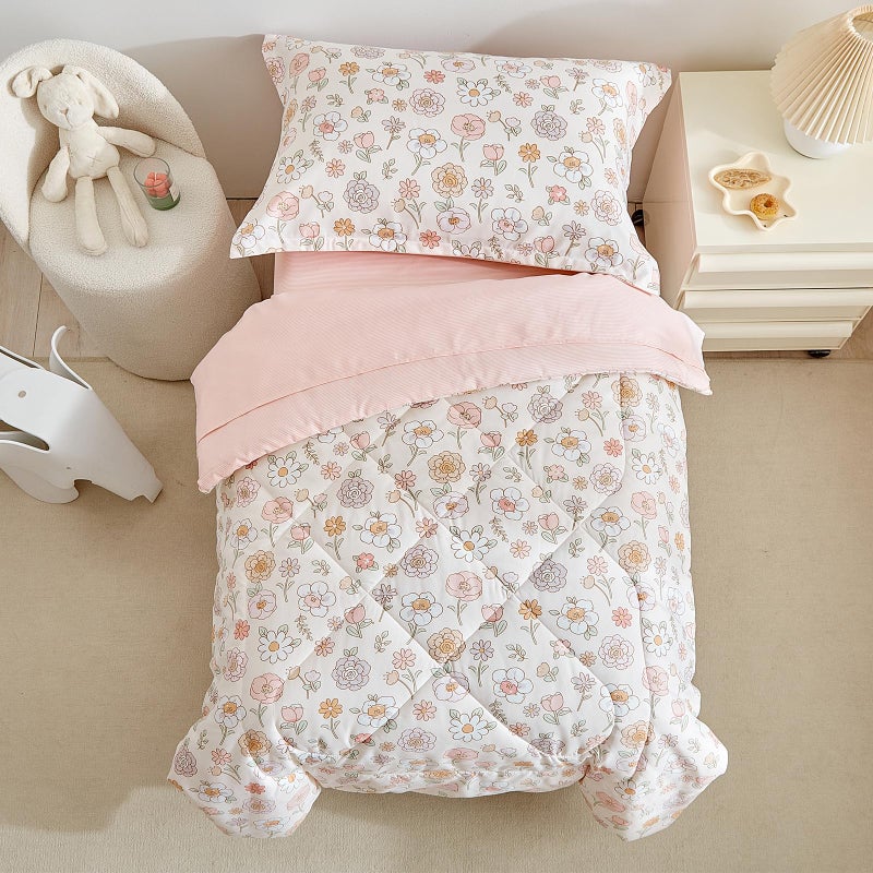 DuShow Floral 4 Piece Girls Toddler Bed Comforter Set Pink Flower Reversible Toddler Bedding Set Soft Baby Crib Bed Sheets Set in a Bag | Include Quilt Comforter,Flat Sheet,Fitted Sheet,Pillowcase - Image 3