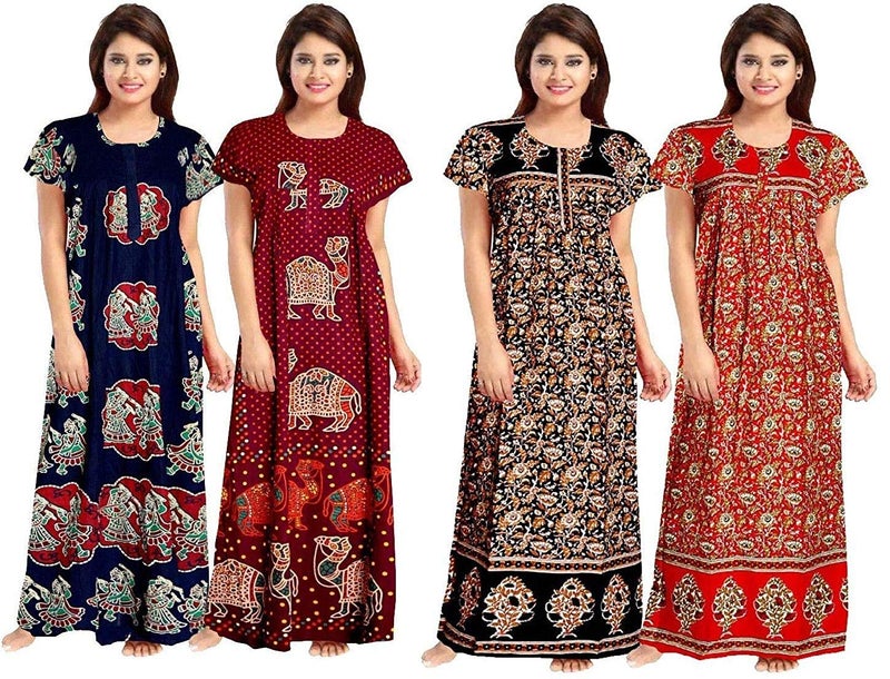KBNBJ Women’s Cotton Printed Maxi Nighty (Pack of 4) – Ankle-Length Night Dress Gown, Soft & Comfortable Sleepwear, Free Size Multicolour - Image 1