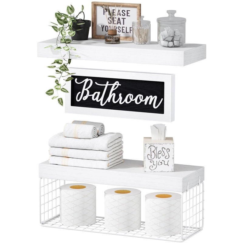 QEEIG Bathroom Shelves Over Toilet Paper Storage Wall Mounted Farmhouse Decor Decorations Aesthetic Dcor Sign Small Floating Shelf 21 Set 16 inch White 020WW