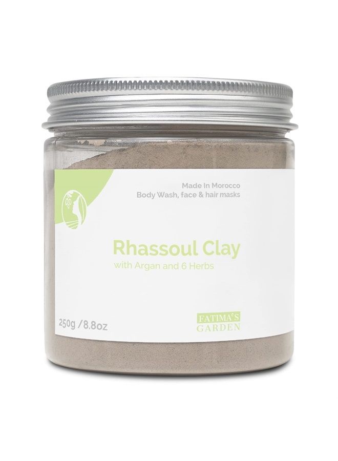 Fatima's Garden Rhassoul Clay, 100% Natural Moroccan Ghassoul Clay Powder for Face, Hair & Hammam; enriched with Argan and 6 herbs, cleansing & softening & purifying for hamam - 8.8 oz/250gr - Image 1