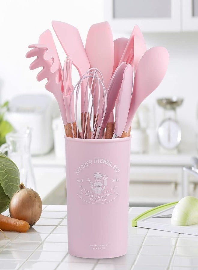 AKDC 12 Pieces/Set Silicone Kitchen Accessories Cooking Tools, Great Quality Silicone Kitchenware Cocina Kitchen Utensils With Wooden Handles (Pink) - Image 4