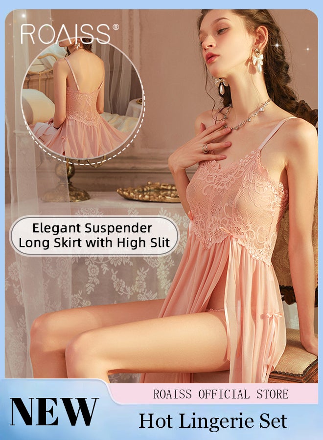 French Slit Suspender Pajamas for Women Lace Mesh Hollow Adjustible Nightgown Sweet Girly Type Backless Nightdress Ladies Soft Ski...