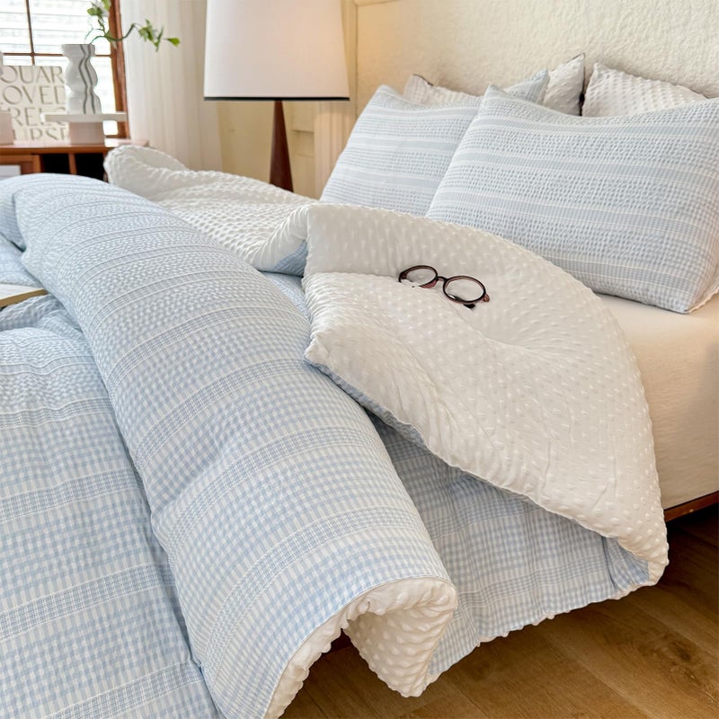 tohrisa Boho Comforter Set Full Size - 3 Pieces Lightweight Jacquard Seersucker Bedding Sets (1 Soft Fluffy Grid Comforter & 2 Pillowcases) - All Seasons Cozy Modern Bed Set(80"x90" Sky Blue) - Image 1