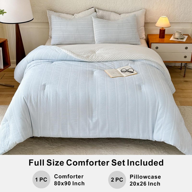 tohrisa Boho Comforter Set Full Size - 3 Pieces Lightweight Jacquard Seersucker Bedding Sets (1 Soft Fluffy Grid Comforter & 2 Pillowcases) - All Seasons Cozy Modern Bed Set(80"x90" Sky Blue) - Image 5