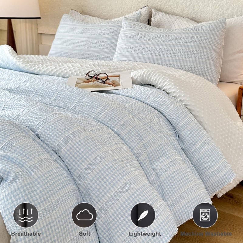 tohrisa Boho Comforter Set Full Size - 3 Pieces Lightweight Jacquard Seersucker Bedding Sets (1 Soft Fluffy Grid Comforter & 2 Pillowcases) - All Seasons Cozy Modern Bed Set(80"x90" Sky Blue) - Image 4