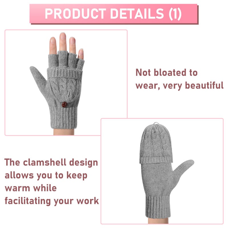 Tarpop 4 Pairs Women Winter Convertible Gloves Fingerless Mittens Knit Flip Wool Warm Half Finger Gloves with Cover(Gray, Beige, Pink, Black) - Image 3