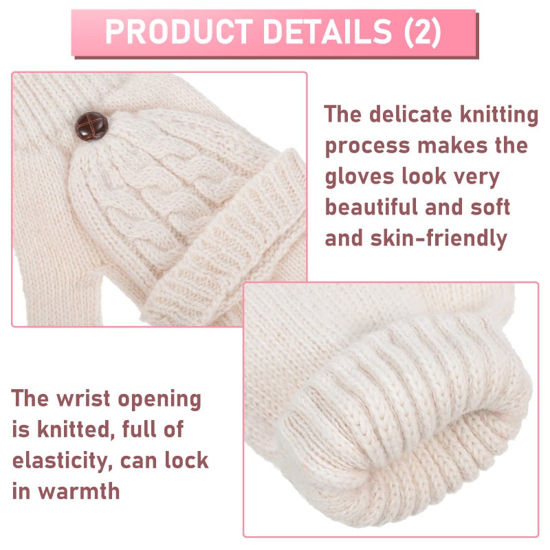Tarpop 4 Pairs Women Winter Convertible Gloves Fingerless Mittens Knit Flip Wool Warm Half Finger Gloves with Cover(Gray, Beige, Pink, Black) - Image 4