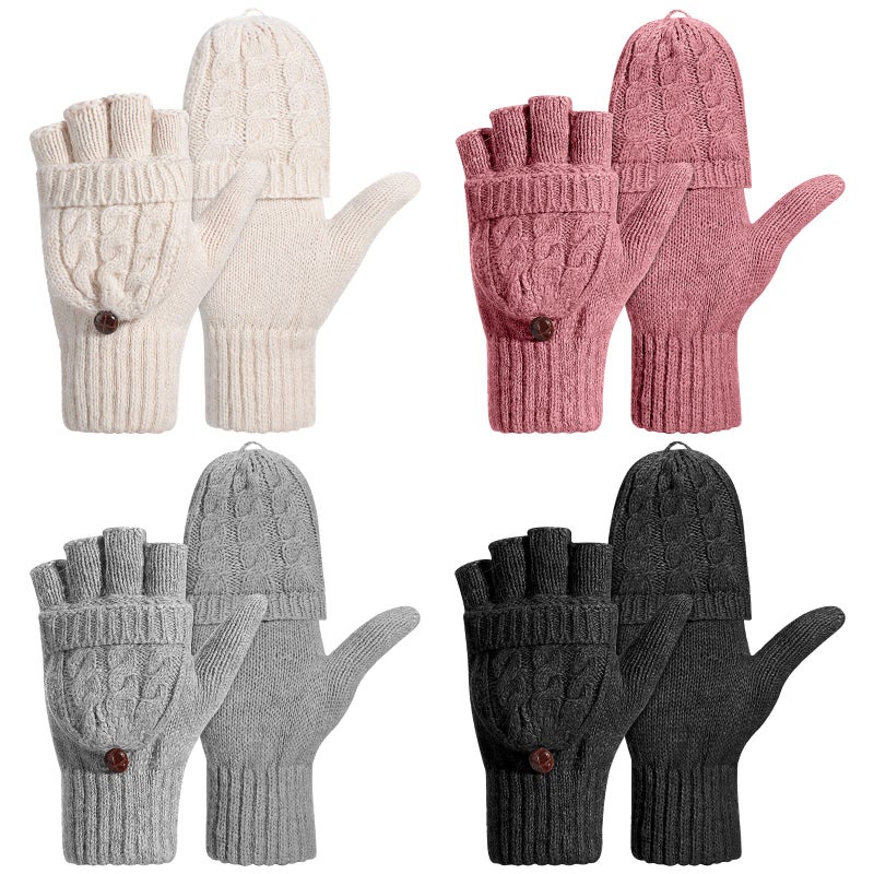Tarpop 4 Pairs Women Winter Convertible Gloves Fingerless Mittens Knit Flip Wool Warm Half Finger Gloves with Cover(Gray, Beige, Pink, Black) - Image 1