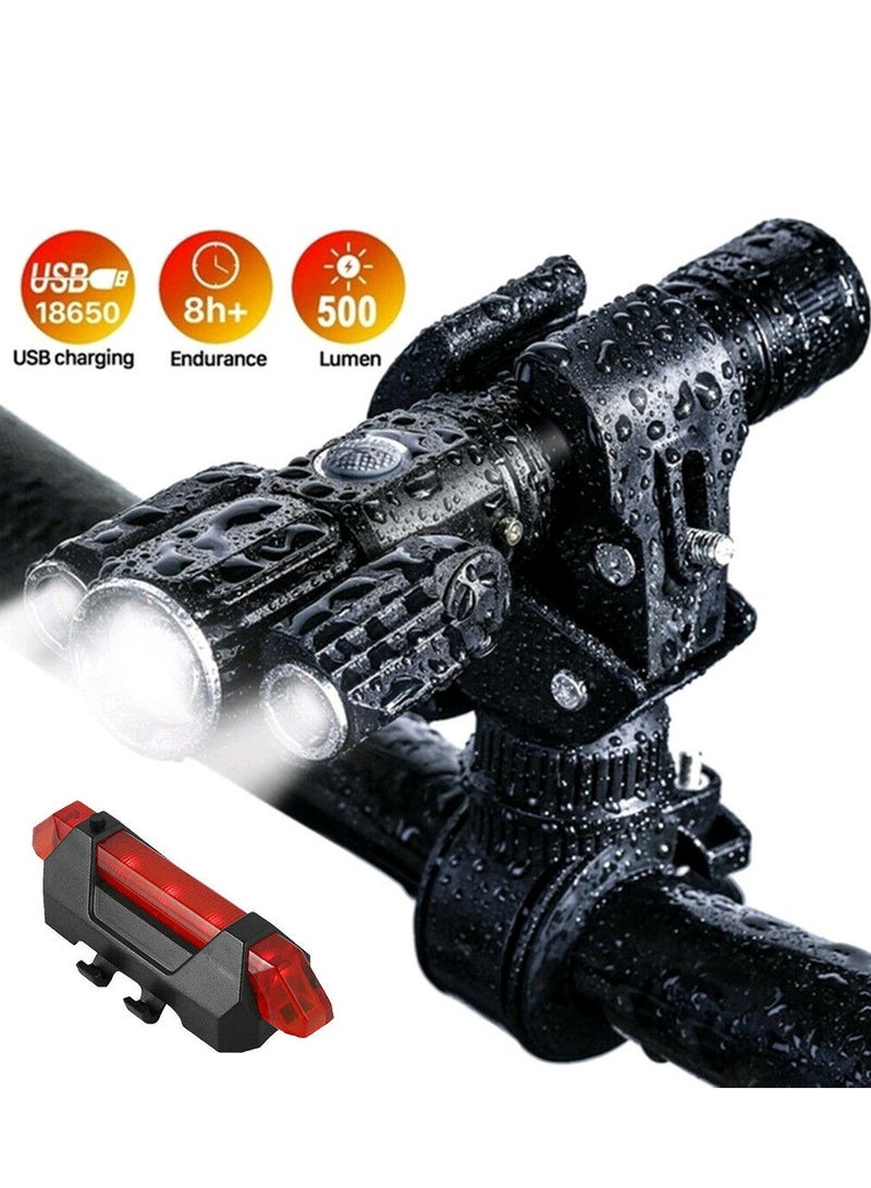 general Aluminum alloy three-head flashlight, impact resistant, non-slip, high brightness ABS, 2600mAh riding three-head flashlight, used for night riding, camping, traveling - Image 1