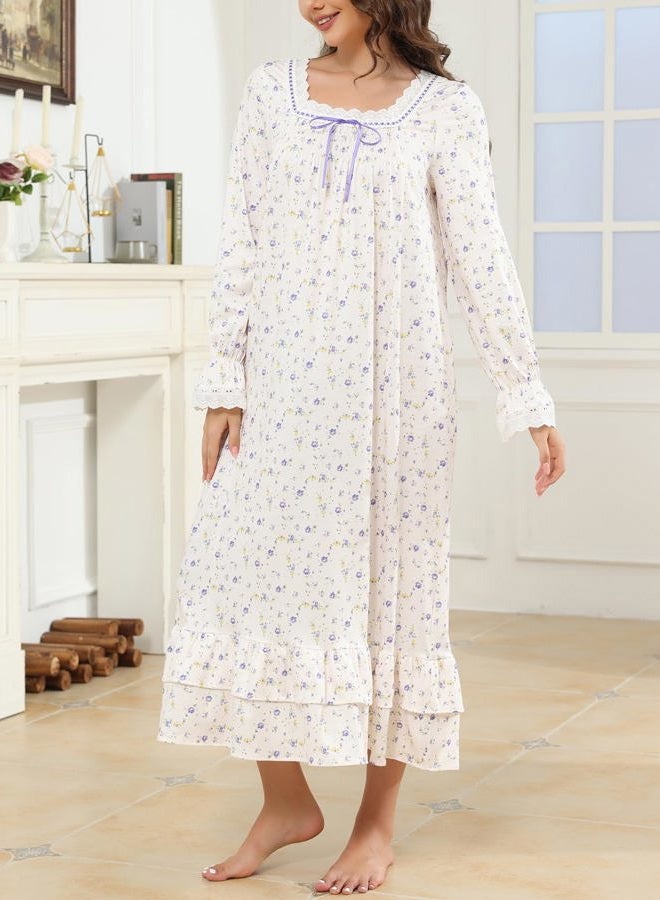 Rubehoow Womens Nightgown Classic Suqare Neck Pajamas Dress Vintage Soft Cotton Ladies Floral Nightdresses (XL,Lilac) - Image 3