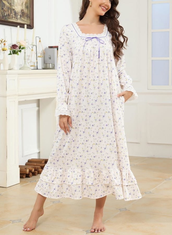 Rubehoow Womens Nightgown Classic Suqare Neck Pajamas Dress Vintage Soft Cotton Ladies Floral Nightdresses (XL,Lilac) - Image 2