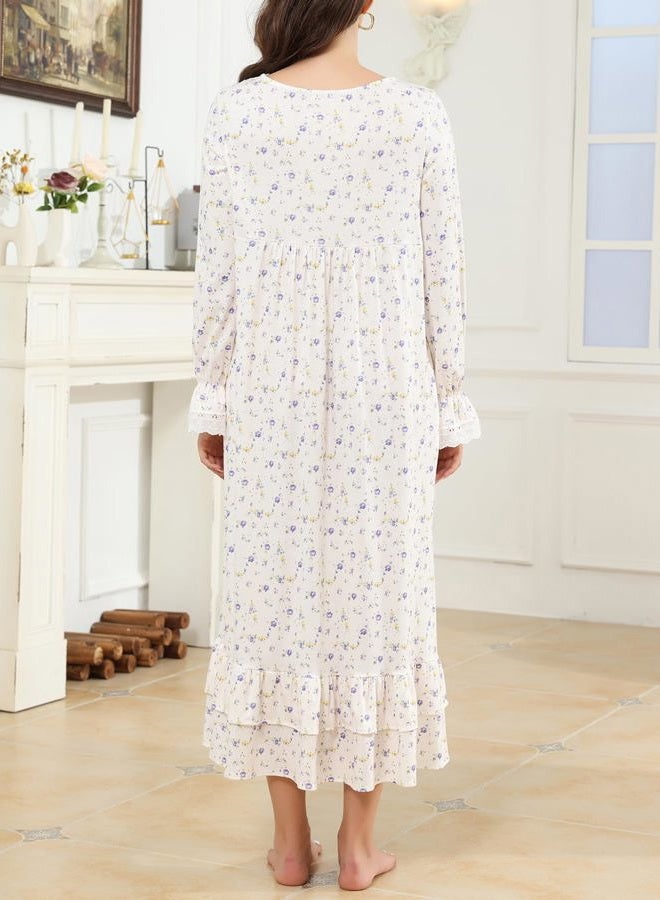 Rubehoow Womens Nightgown Classic Suqare Neck Pajamas Dress Vintage Soft Cotton Ladies Floral Nightdresses (XL,Lilac) - Image 4