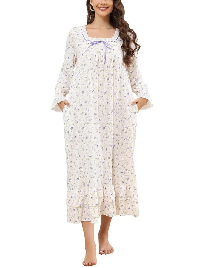 Rubehoow Womens Nightgown Classic Suqare Neck Pajamas Dress Vintage Soft Cotton Ladies Floral Nightdresses (XL,Lilac) - Image 1