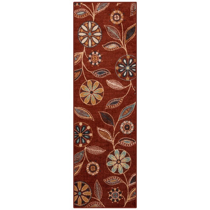 REGGIE FLORAL RUNNER RUG MADE IN USA WASHABLE NON SLIP INDOOR CARPET FOR KITCHEN HALLWAY AND LAUNDRY ROOM 26 X 8 MERLOT