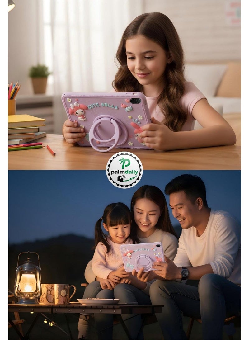 Slim Case for HONOR Pad X8a/X9 11-Inch 2024 Ultra-Thin Soft Silicone Shell Ultra Slim Lightweight Protective Cover with 360°Rotating Hand Strap Adjustable Ring Stand & Handle, Drop Protection, Cute Cartoon/Kawaii Doll Cover for Kids Girls, Cute Doll Pink Purple - Image 4