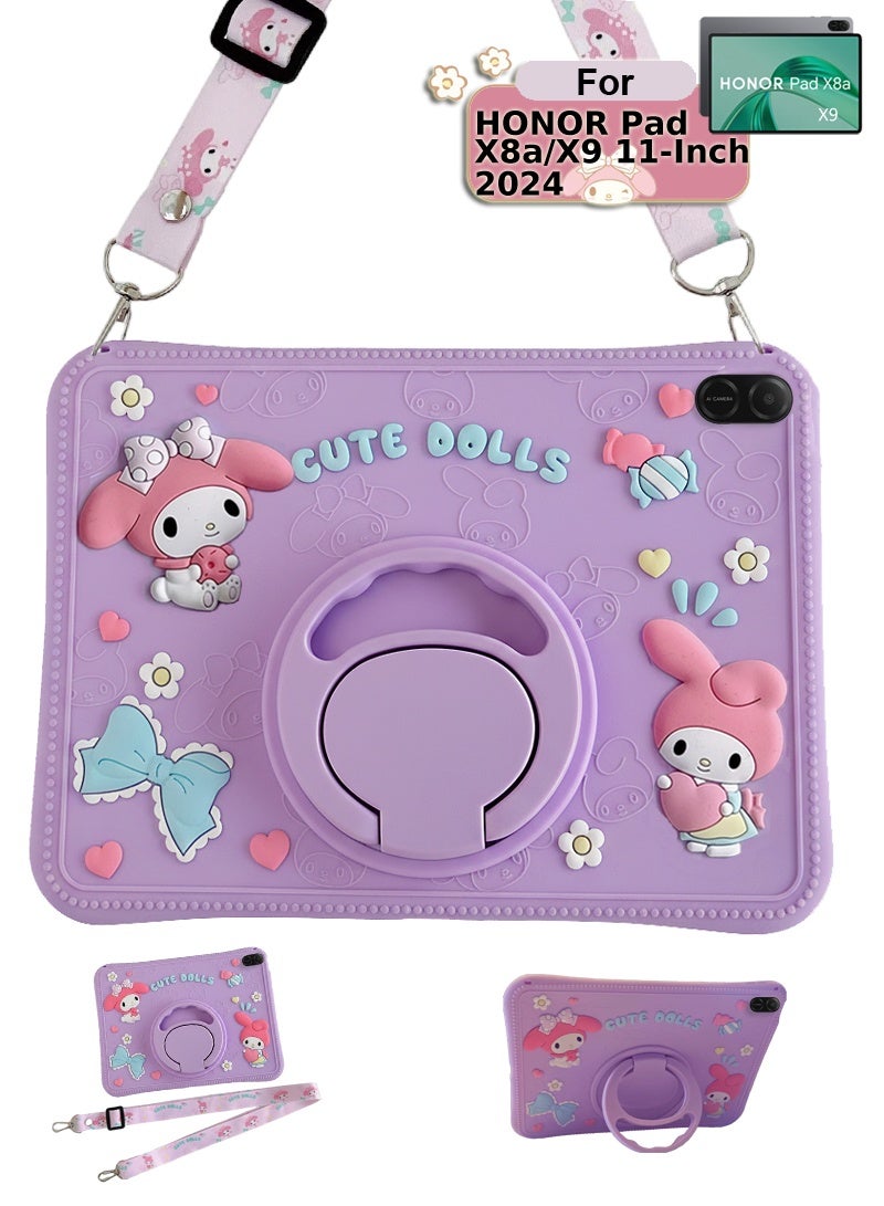 Slim Case for HONOR Pad X8a/X9 11-Inch 2024 Ultra-Thin Soft Silicone Shell Ultra Slim Lightweight Protective Cover with 360°Rotating Hand Strap Adjustable Ring Stand & Handle, Drop Protection, Cute Cartoon/Kawaii Doll Cover for Kids Girls, Cute Doll Pink Purple - Image 1