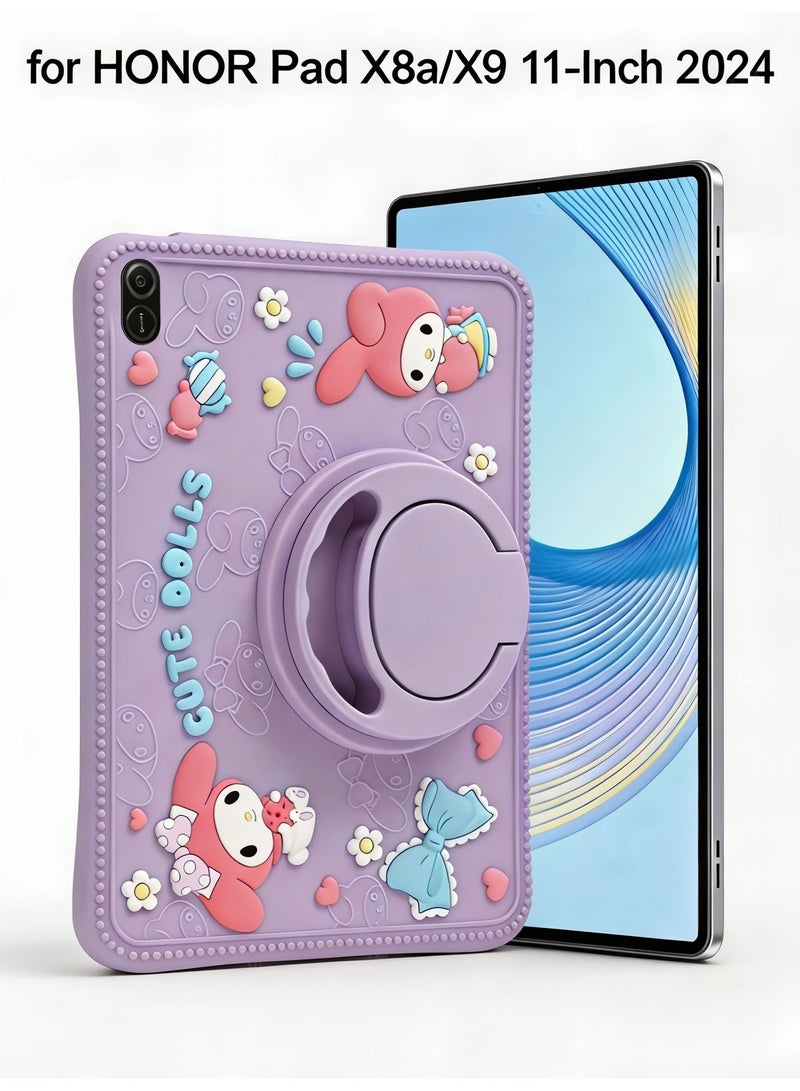 حافظة رفيعة لهاتف HONOR Pad X8a/X9 مقاس 11 بوصة 2024 غلاف سيليكون ناعم فائق النحافة غطاء واقي خفيف الوزن للغاية مع حزام يد قابل للتدوير 360 درجة وحامل ومقبض قابل للتعديل وحماية من السقوط وغطاء كرتوني لطيف/دمية كاواي للأطفال والفتيات ودمية لطيفة باللون الوردي والأرجواني - Image 4