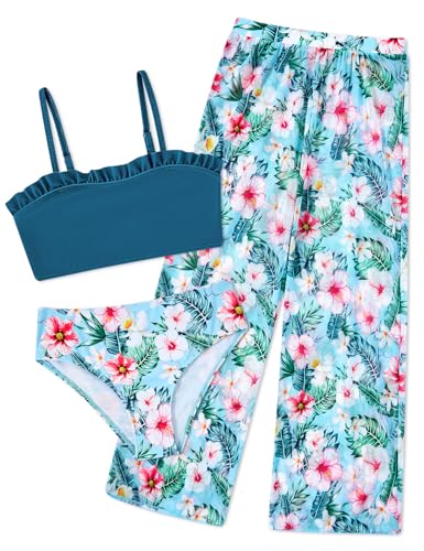 Vogseek Swimsuit for Girls 3 Pieces Size 8 9 Girls' Blue Hawaiian Rash Guard Pants 8-9T Big Girl Pink Flowers Swimwear Floret Leaves Bathing Suits High Waisted Rashguard Kids Coverup Ruffle Bikini Tankini - Image 5