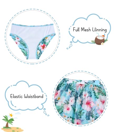 Vogseek Swimsuit for Girls 3 Pieces Size 8 9 Girls' Blue Hawaiian Rash Guard Pants 8-9T Big Girl Pink Flowers Swimwear Floret Leaves Bathing Suits High Waisted Rashguard Kids Coverup Ruffle Bikini Tankini - Image 4