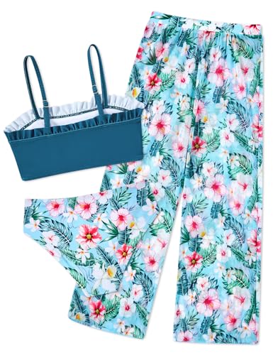 Vogseek Swimsuit for Girls 3 Pieces Size 8 9 Girls' Blue Hawaiian Rash Guard Pants 8-9T Big Girl Pink Flowers Swimwear Floret Leaves Bathing Suits High Waisted Rashguard Kids Coverup Ruffle Bikini Tankini - Image 2