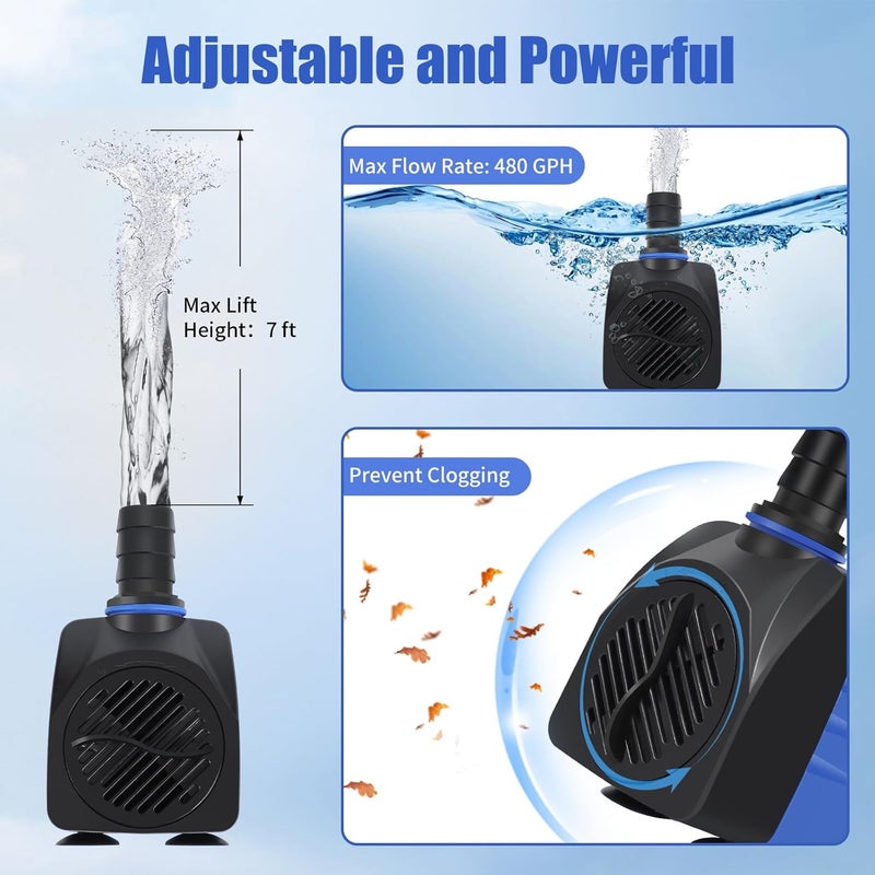 AQUANEAT Small Fountain Pump, 480 GPH Submersible Water Pump for Aquarium Fish Tank, Outdoor Water Fountain, Hydroponics, Pond Filter Pump - Image 3