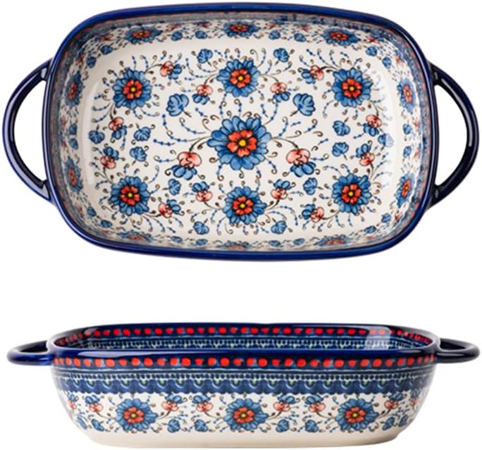 Bicuzat Blue and Orange Flower Vintage Style Ceramic Bakeware Casserole Dish Baking Pan Lasagna Pans with Handles for Oven/Cooking/Kitchen-1 PCS-22 OZ - Image 1