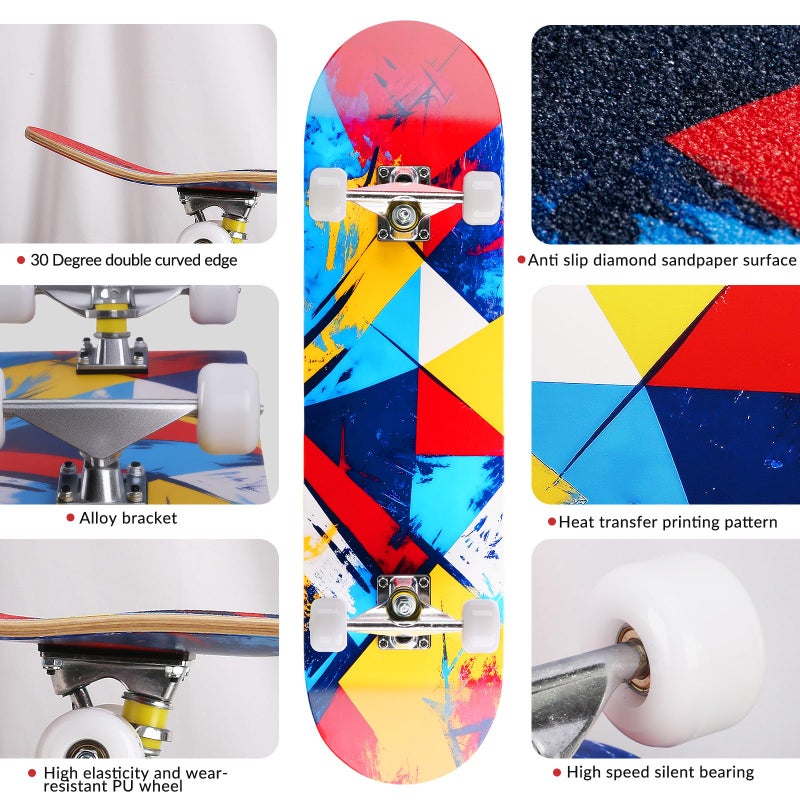 vigvitspo Professional Double Kick Skateboard, 31 inch Maple Deck, ABEC-9 Bearings, 95A PU Wheels, Custom Graphic Design (White-red Grid, 31in) - Image 4