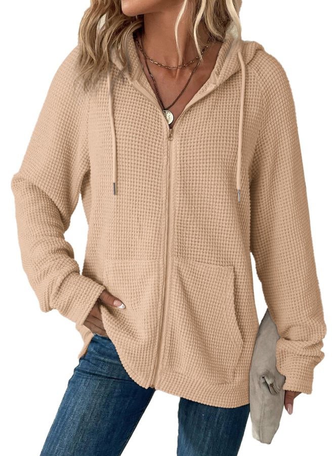 Dokotoo Women's Full Zip Up Hoodies Waffle Knit Long Sleeve Drawstring Casual Sweatshirt Hooded Tops, Beige, XL - Image 1