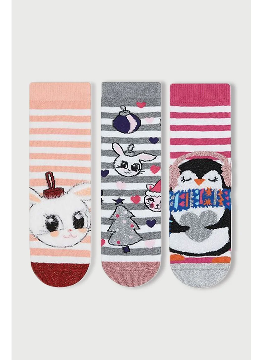 Mem Socks 3-Piece Glittery Rabbit-Penguin Patterned Anti-Slip Towel Children's Socks