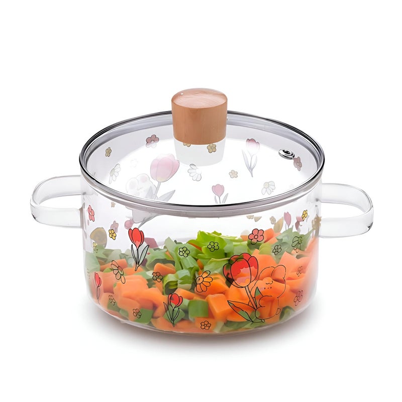 Multifunctional Cookware - 2L Borosilicate Glass Saucepan with Lid & Handle, Suitable for Induction & Microwave, Handi for Delicious Meals, Featuring Beautiful Flower Print