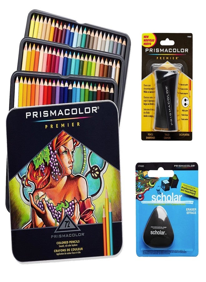 Prismacolor Colored Pencils Box of 72 Assorted Colors, Triangular Scholar Pencil Eraser and Premier Pencil Sharpener - Image 1