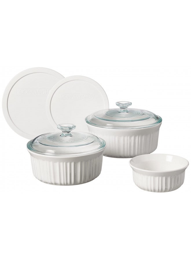 Corningware طقم أواني الخبز السيراميكية كورنينغ وير الفرنسية البيضاء 7 قطع مع أغطية، مقاومة للتشقق والرقائق، صينية خبز من الحجر، آمنة للاستخدام في الميكروويف، وغسالة الصحون، والفرن، والفريزر، والثلاجة - Image 1
