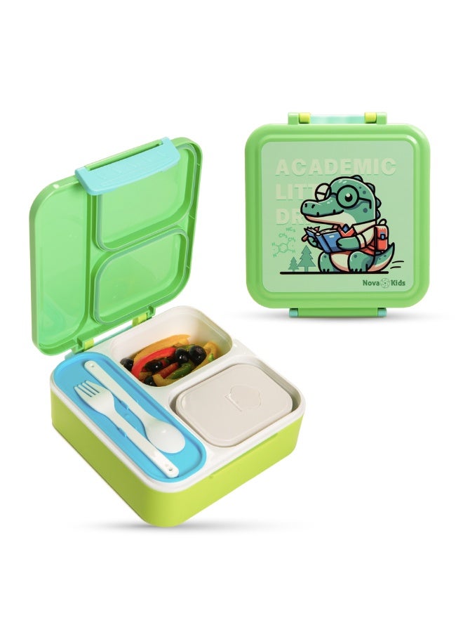 Nova Kids 3 Compartment Bento Lunch Box w/ Spoon & Fork Set and Stainless Steel Gravy Box - Dino Green - Image 1