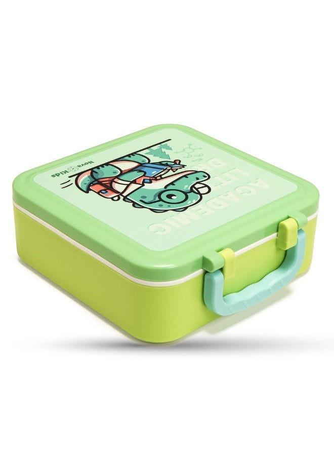 Nova Kids 3 Compartment Bento Lunch Box w/ Spoon & Fork Set and Stainless Steel Gravy Box - Dino Green - Image 4